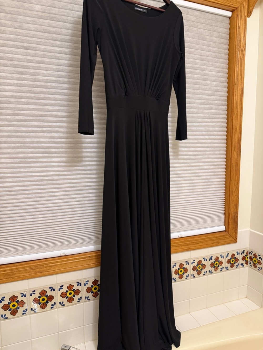 Black Long-Sleeve Maxi Dress with Gathered Waist